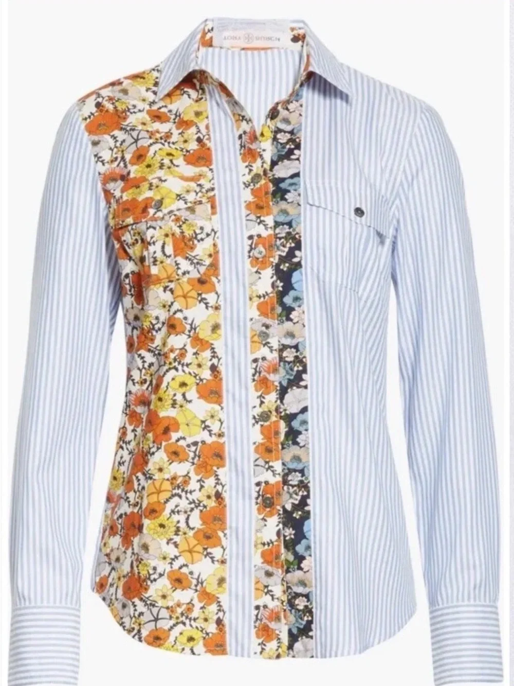 Tory Burch Blue Stripe and Orange Floral Patchwork Button-Down Shirt